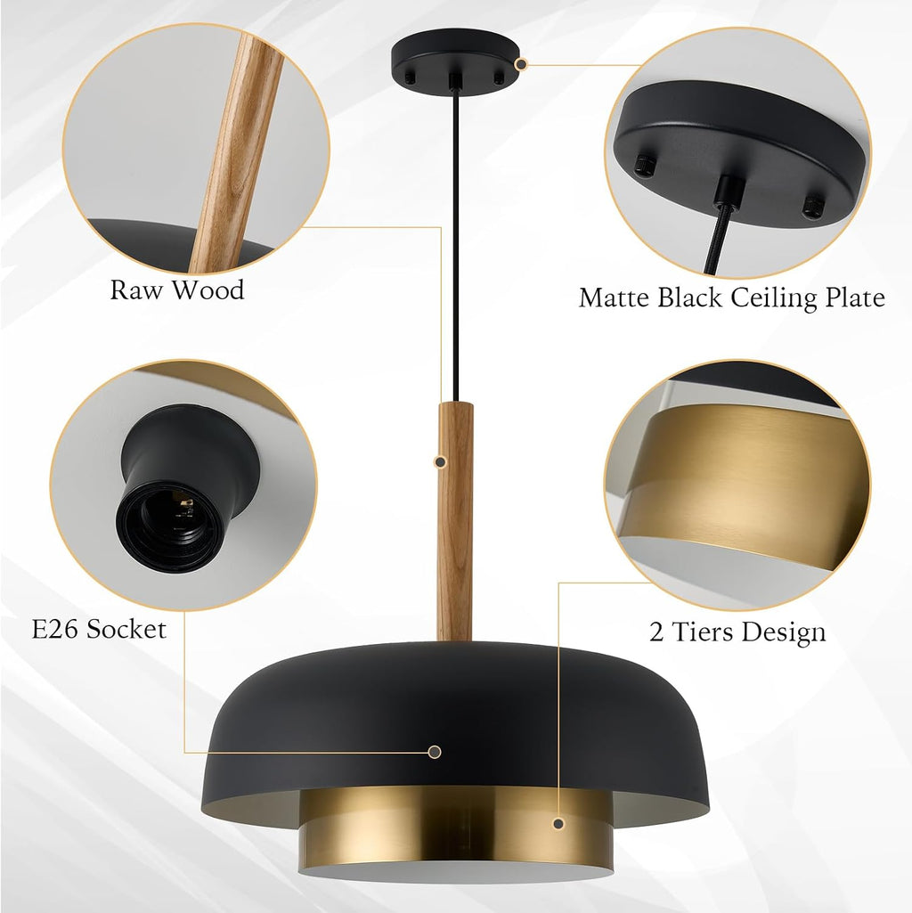 Dual Layer Wood Black Gold Pendant Light