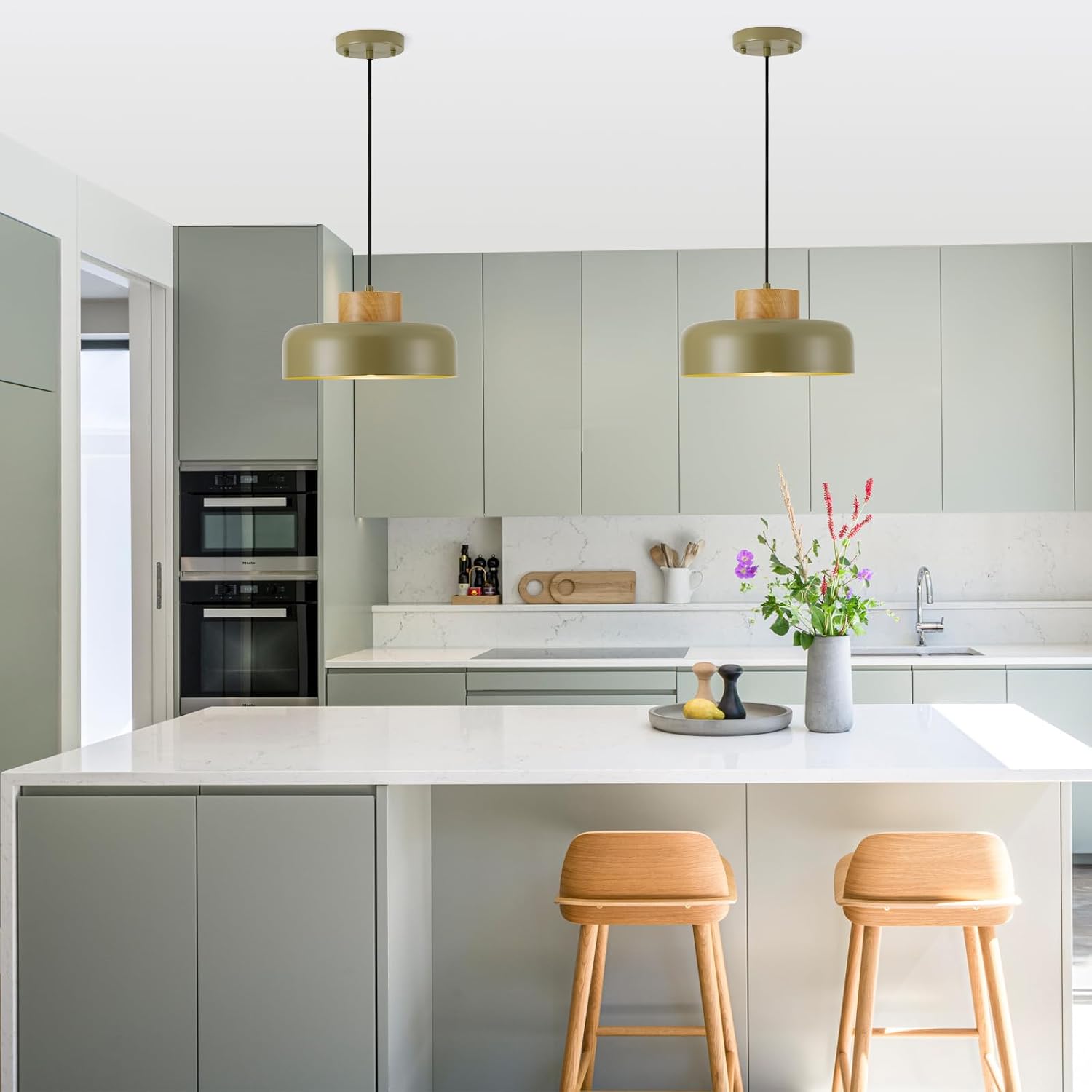 Natural Wood Green Adjustable Pendant Light