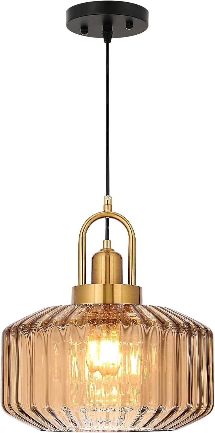 Large Amber Glass Gold Pendant Lamp