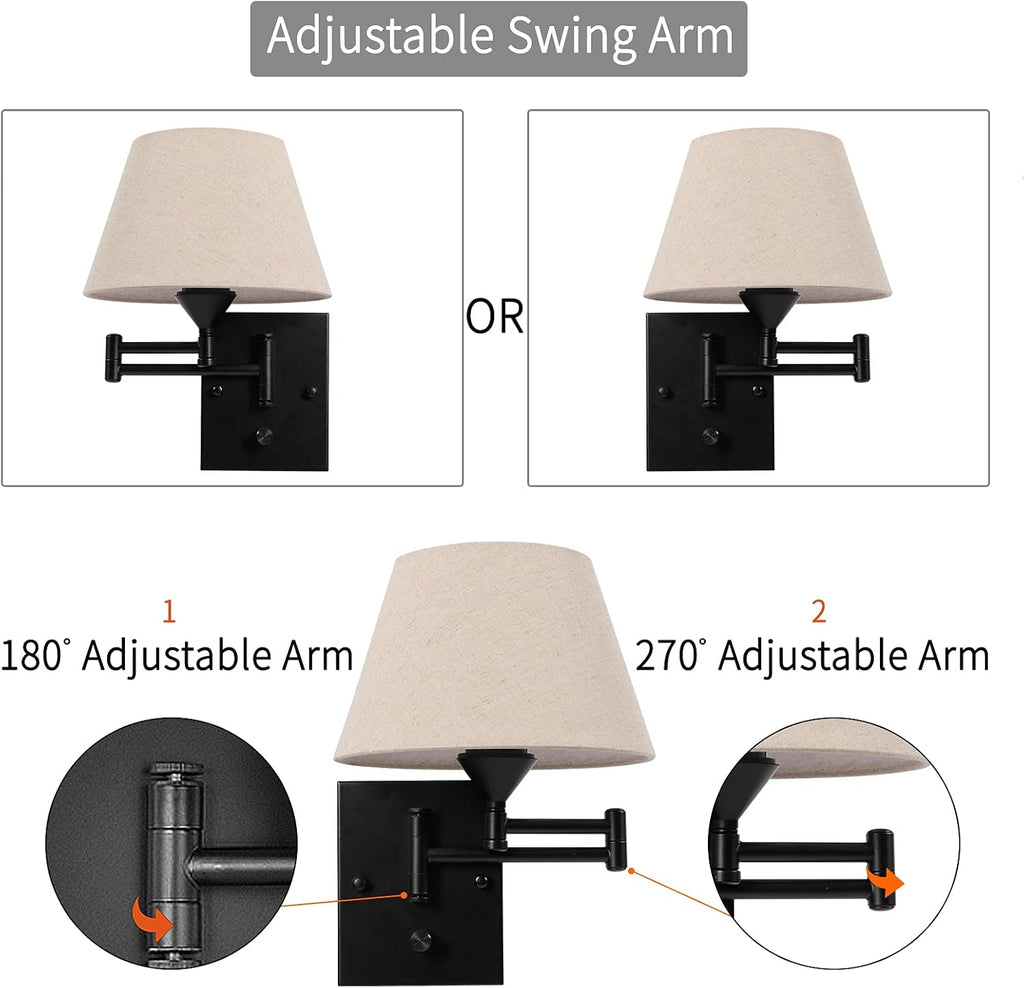 Two Pack Swing Arm Beige Fabric Wall Lamps