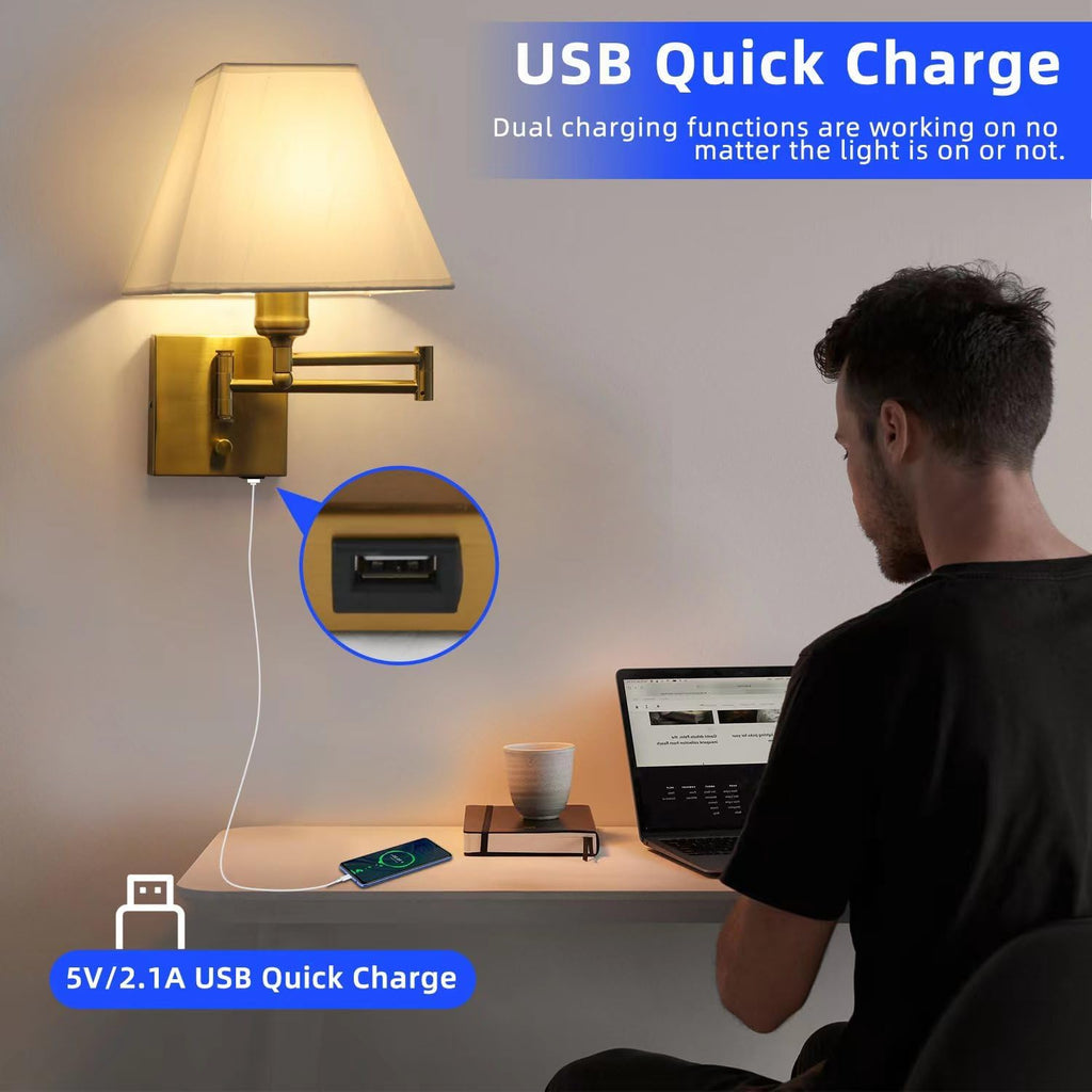 Swing Arm USB Dimmable Gold Wall Sconce