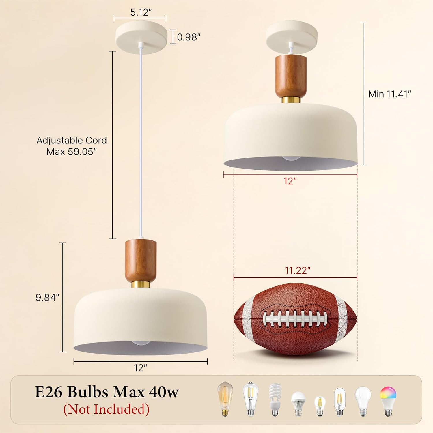Wood Brass Cream Shade Pendant Light