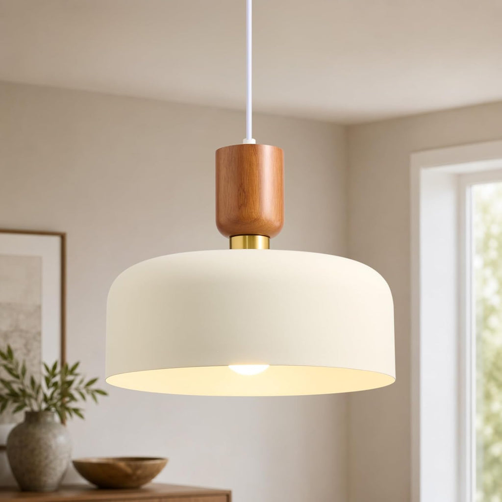 Wood Brass Cream Shade Pendant Light
