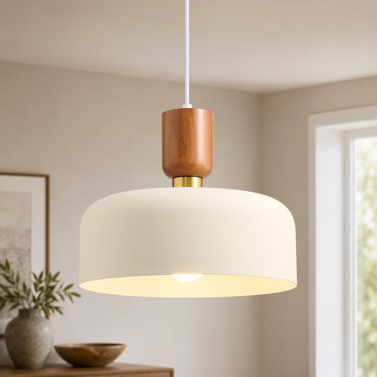 Wood Brass Cream Shade Pendant Light