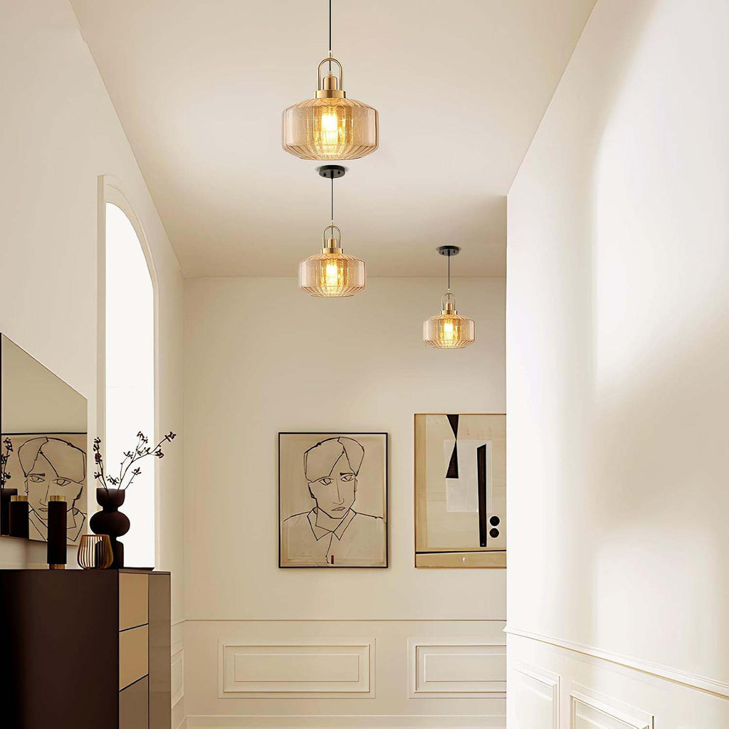 Large Amber Glass Gold Pendant Lamp