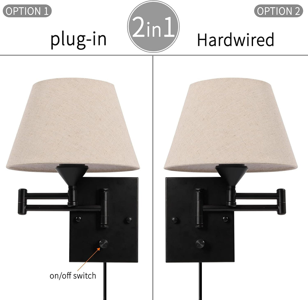 Two Pack Swing Arm Beige Fabric Wall Lamps