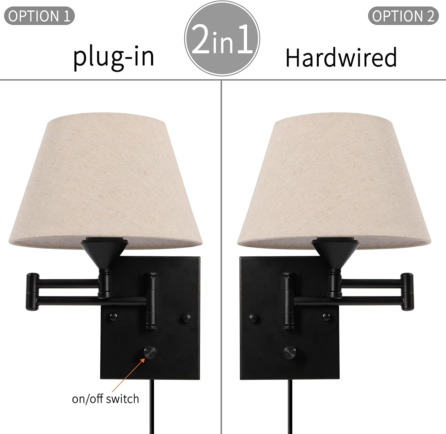 Two Pack Swing Arm Beige Fabric Wall Lamps