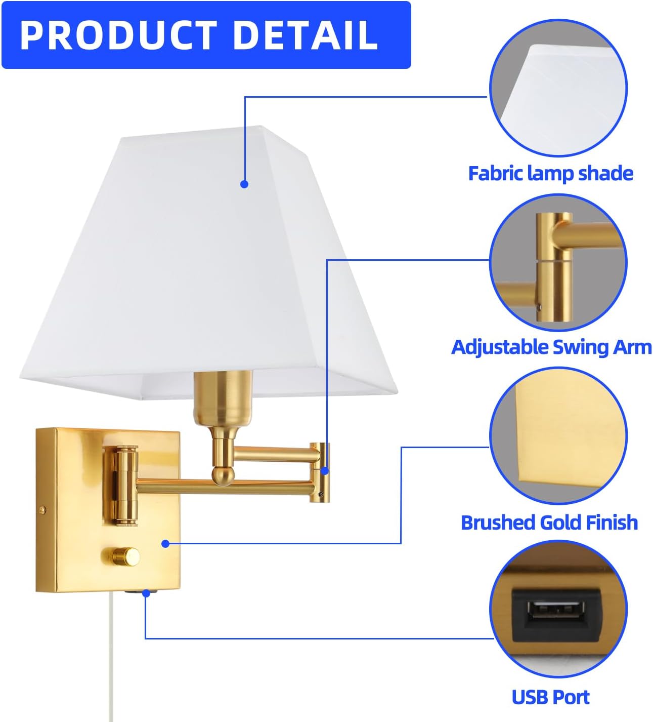 Swing Arm USB Dimmable Gold Wall Sconce