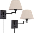 Two Pack Swing Arm Beige Fabric Wall Lamps