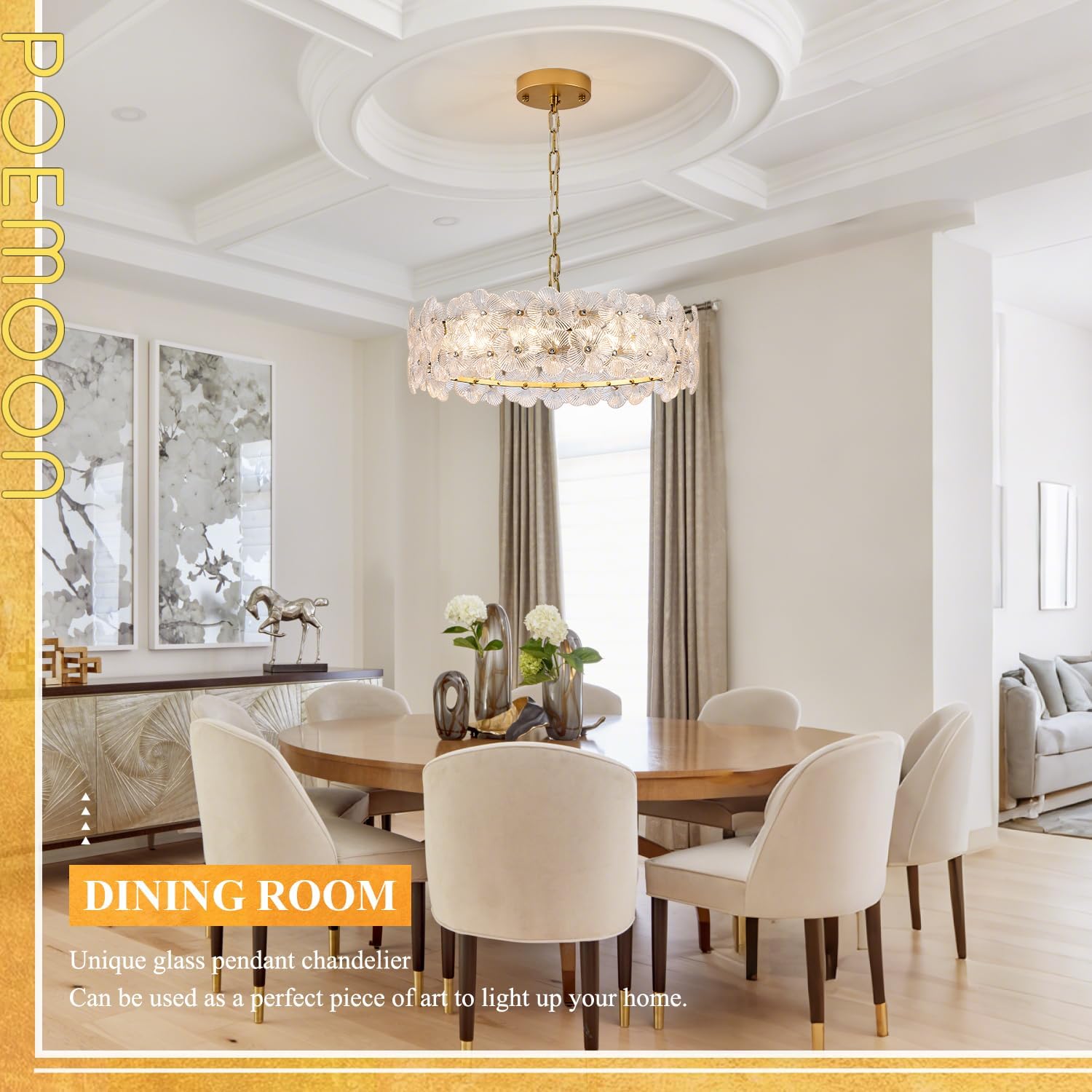 Six Light Floral Glass Gold Chandelier