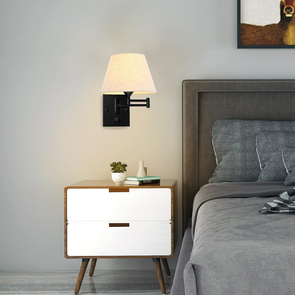 Two Pack Swing Arm Beige Fabric Wall Lamps