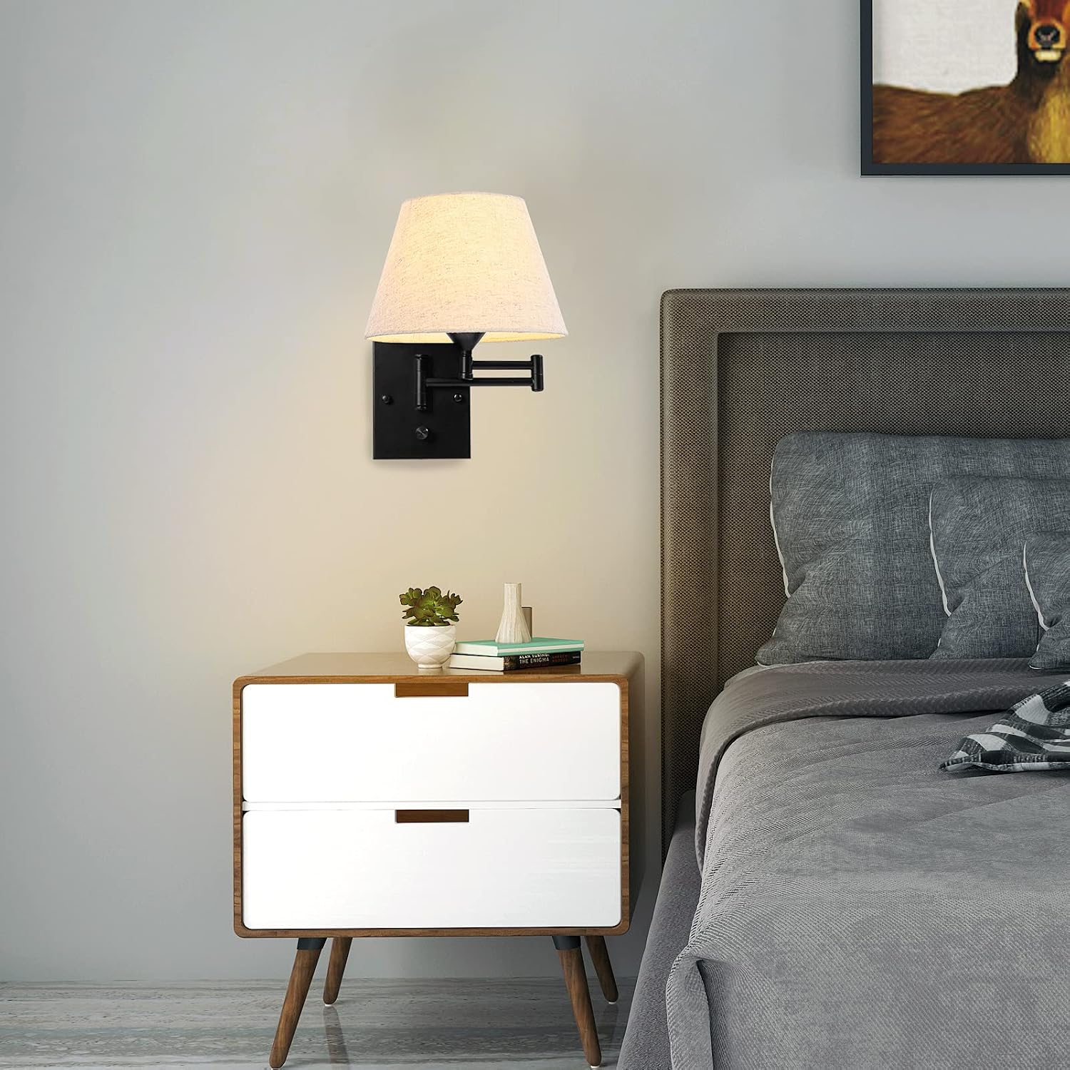 Two Pack Swing Arm Beige Fabric Wall Lamps