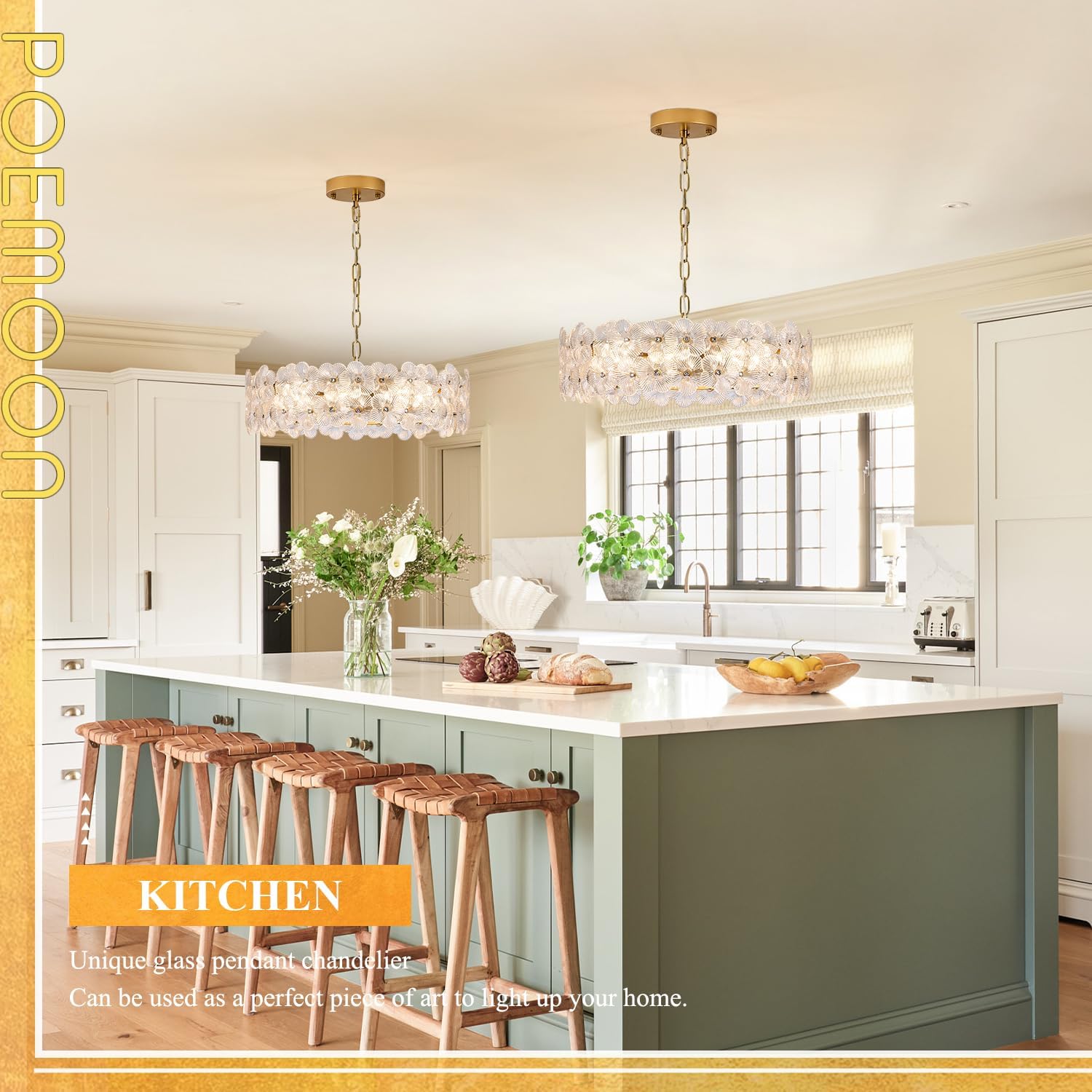 Six Light Floral Glass Gold Chandelier