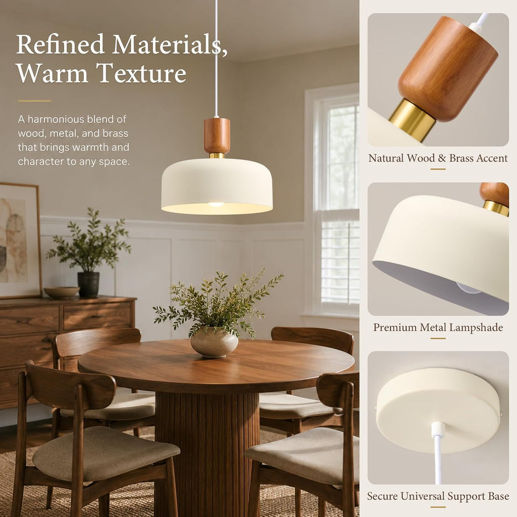 Wood Brass Cream Shade Pendant Light