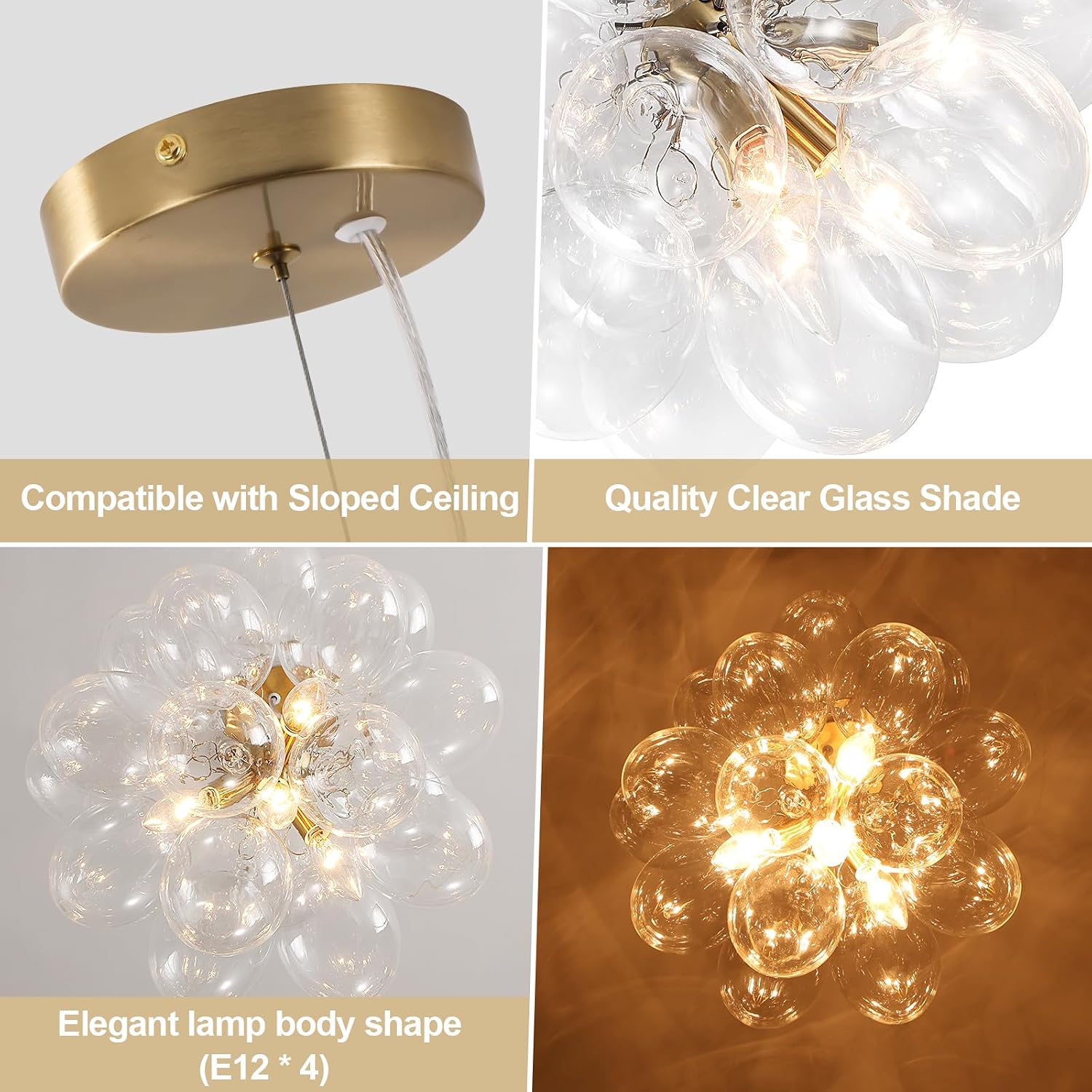 Four Light Bubble Glass Gold Chandelier