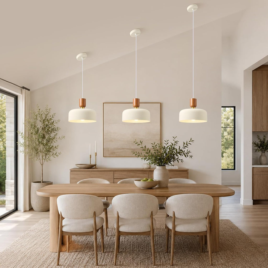 Wood Brass Cream Shade Pendant Light