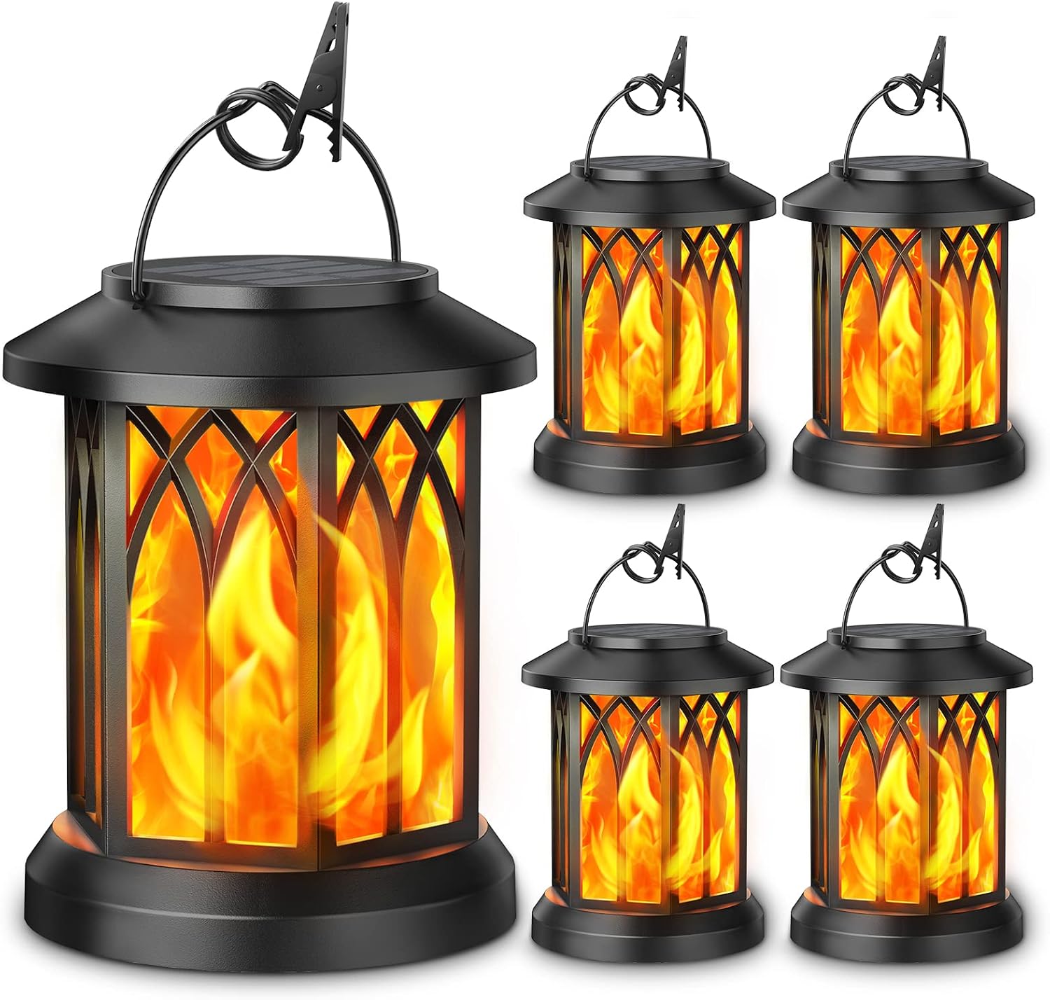 Four Pack Flame Solar Hanging Lanterns