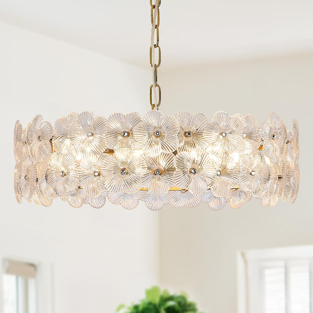 Six Light Floral Glass Gold Chandelier
