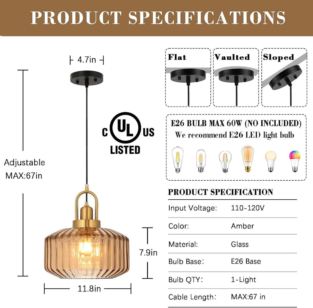 Large Amber Glass Gold Pendant Lamp