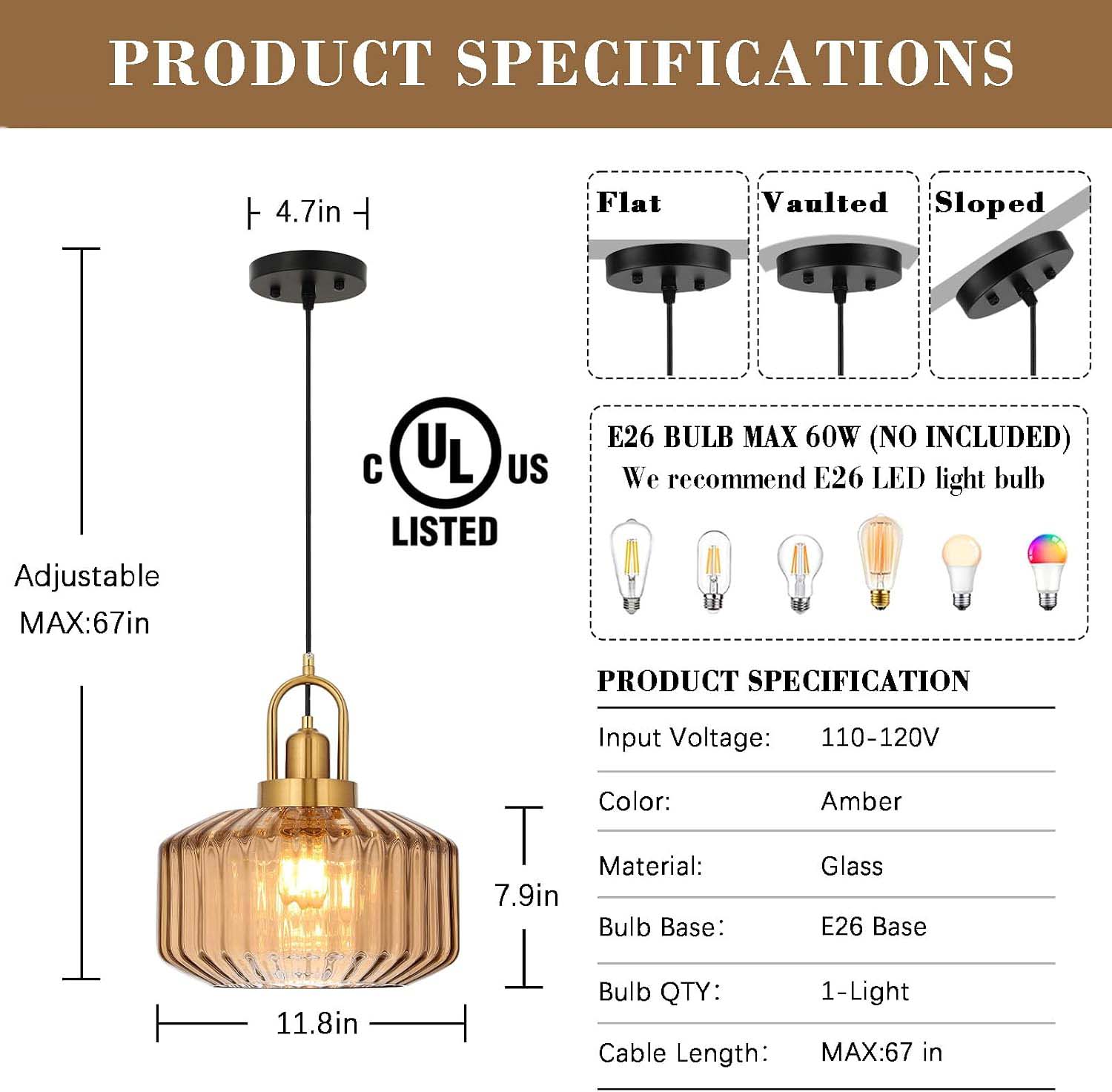 Large Amber Glass Gold Pendant Lamp
