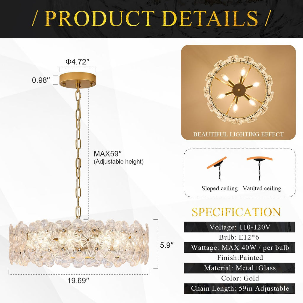 Six Light Floral Glass Gold Chandelier
