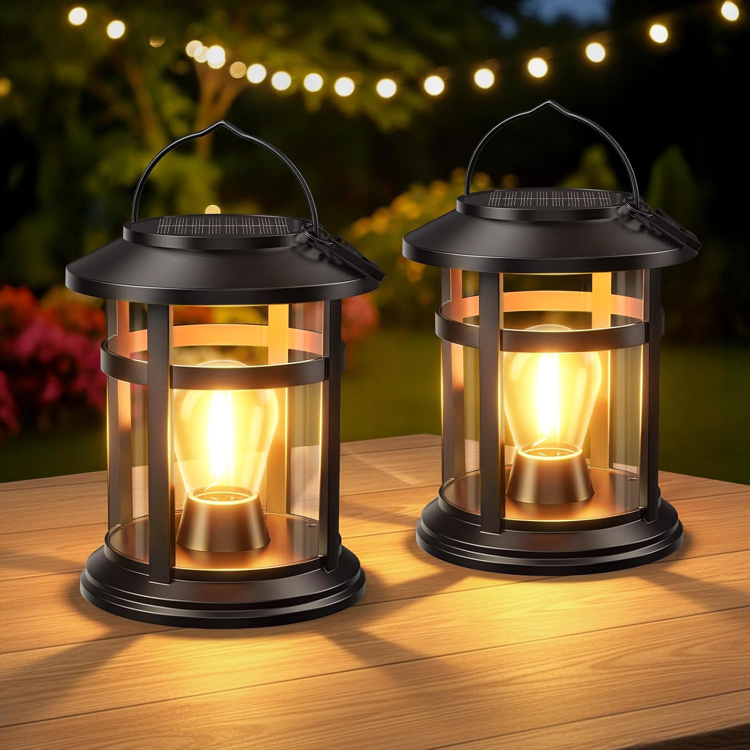 Two Pack Warm Solar Outdoor Lanterns