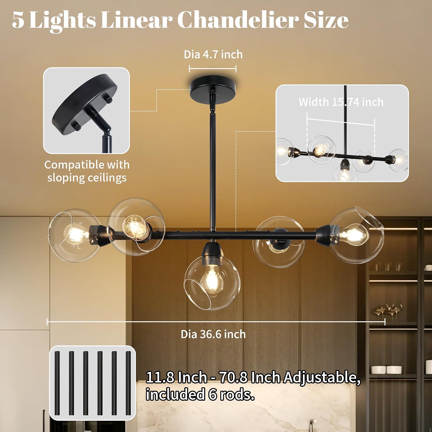 Five Light Linear Glass Globe Chandelier