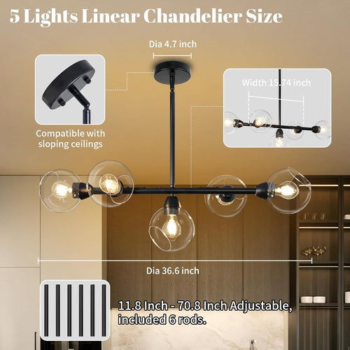 Five Light Linear Glass Globe Chandelier