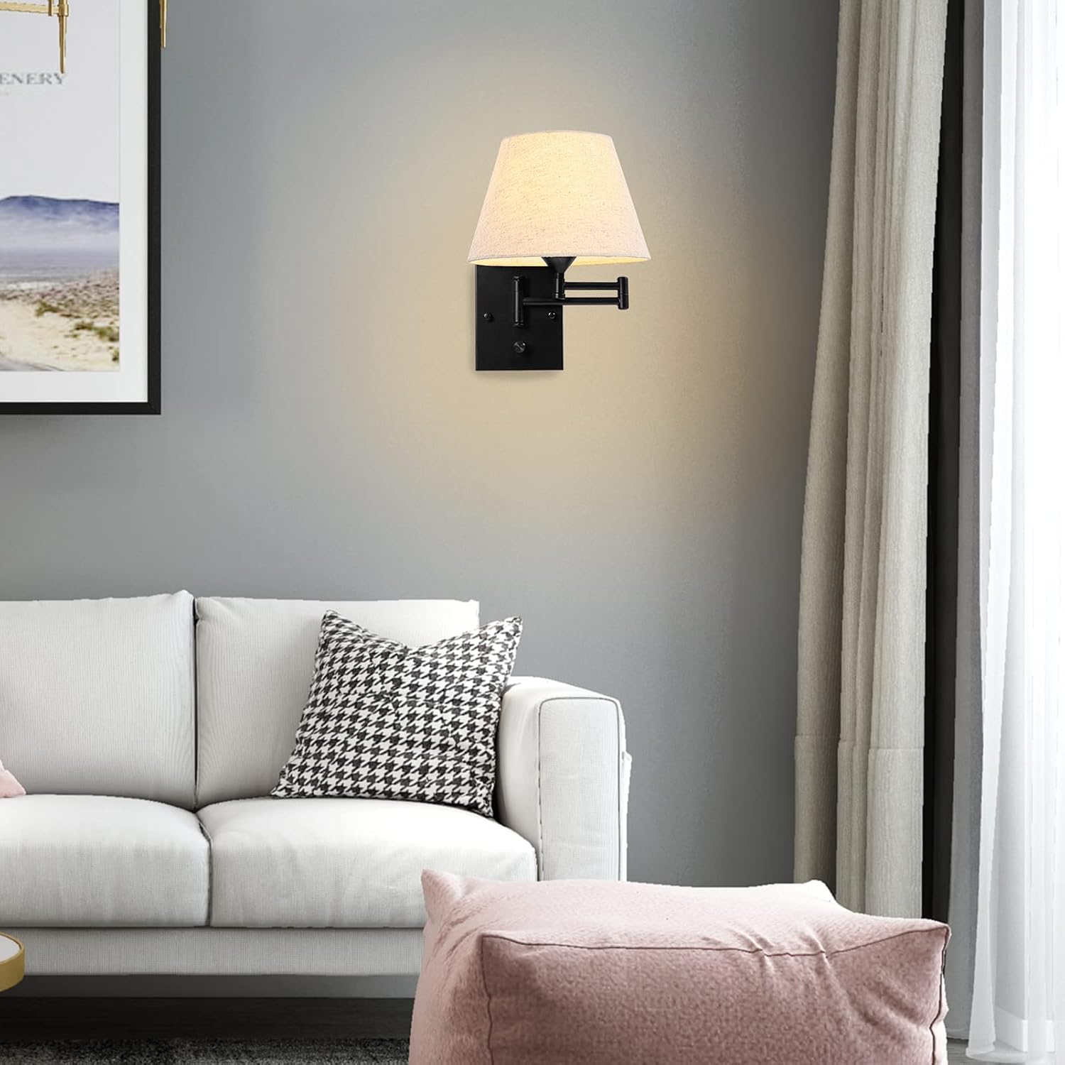 Two Pack Swing Arm Beige Fabric Wall Lamps