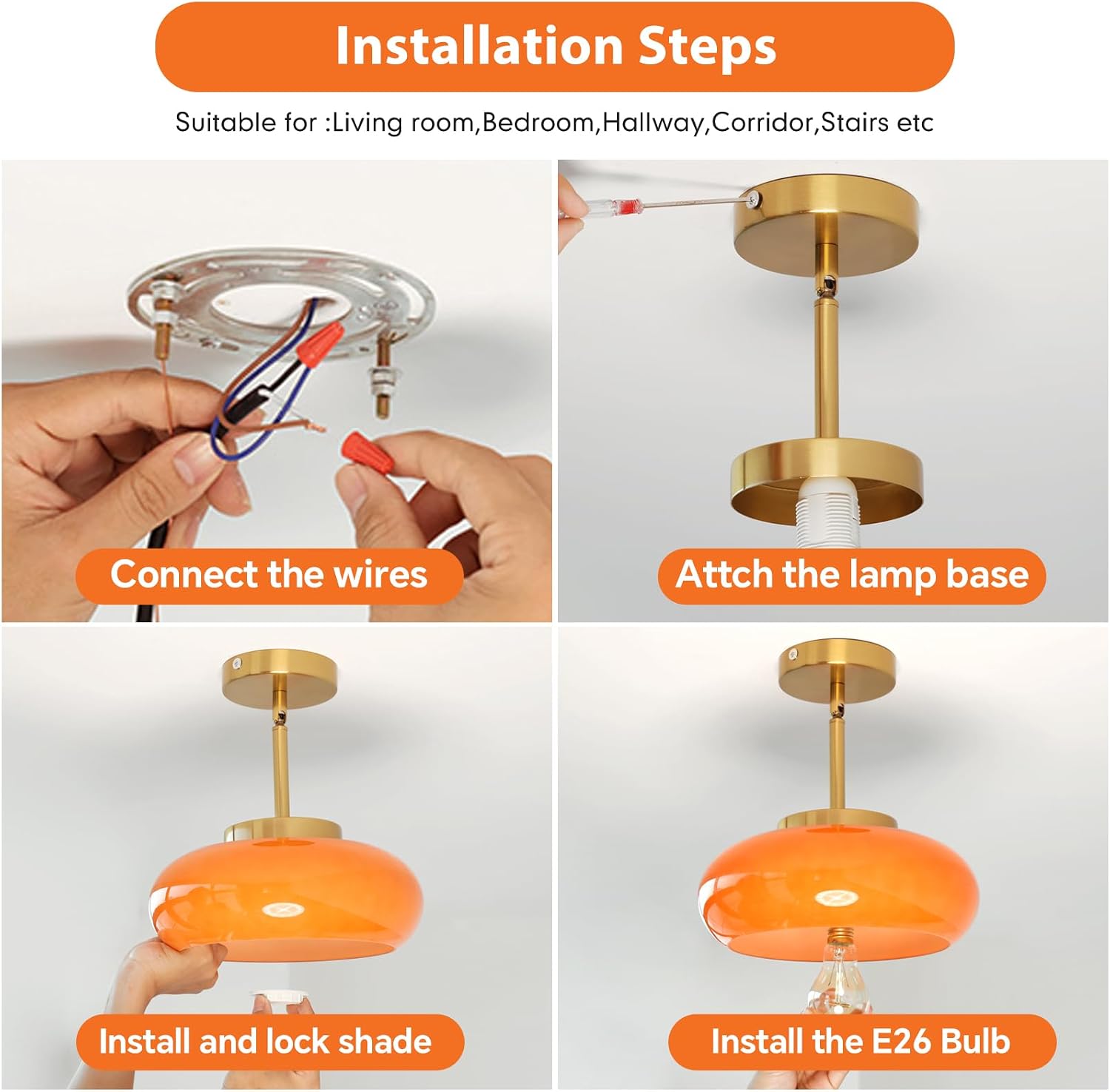 Adjustable Orange Glass Gold Pendant Lamp