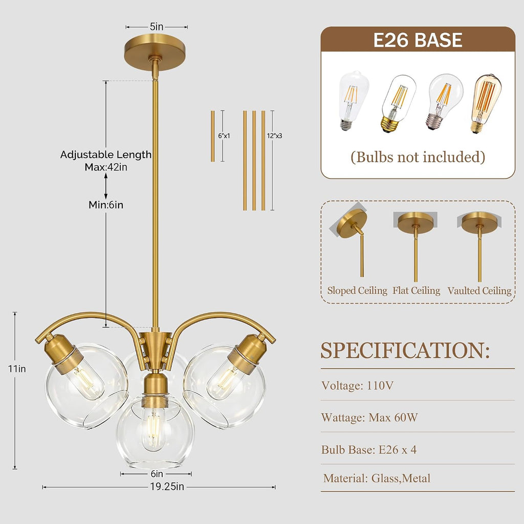 Four Light Globe Glass Gold Chandelier