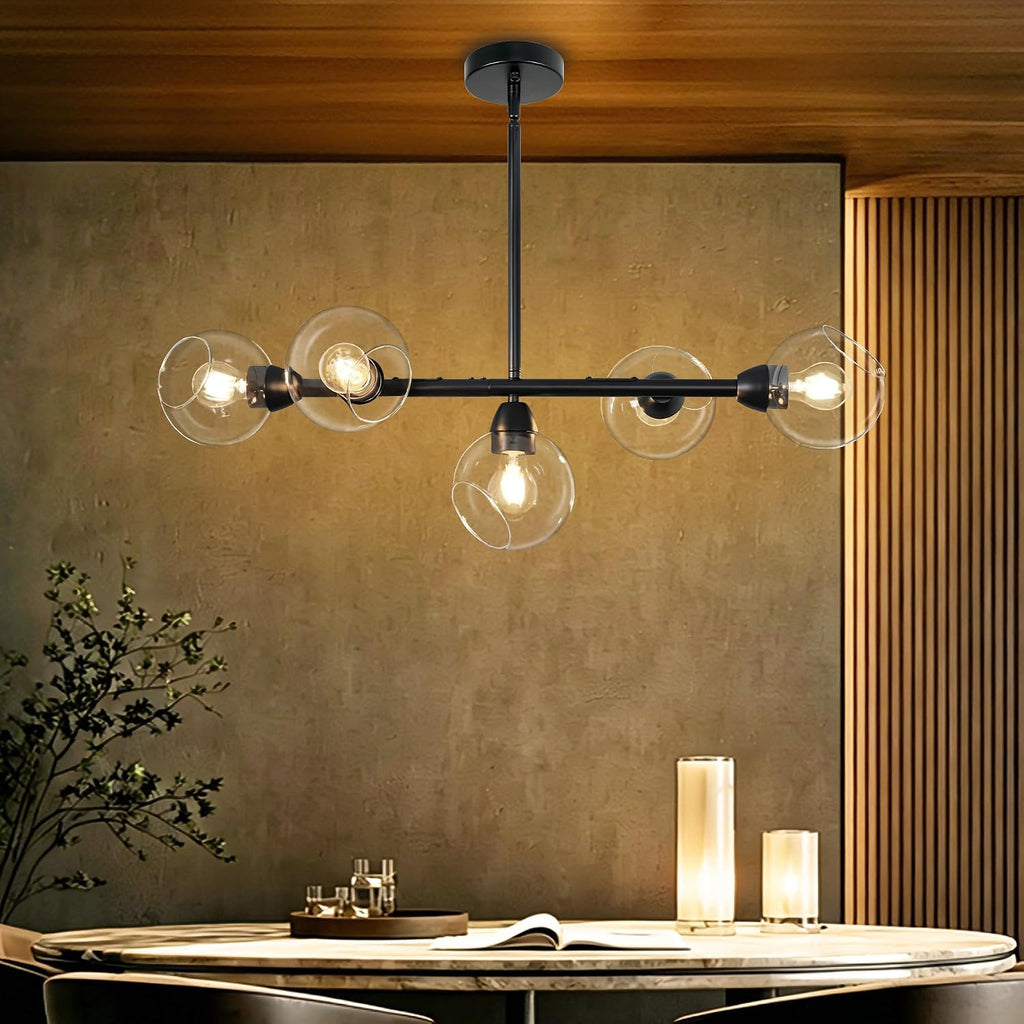 Five Light Linear Glass Globe Chandelier